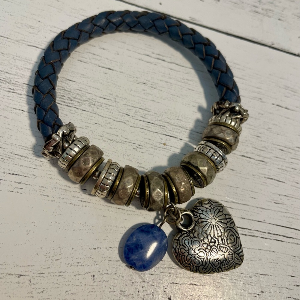 Vintage Blue Braided leather Bracelet with Silver Accents and heart charm
